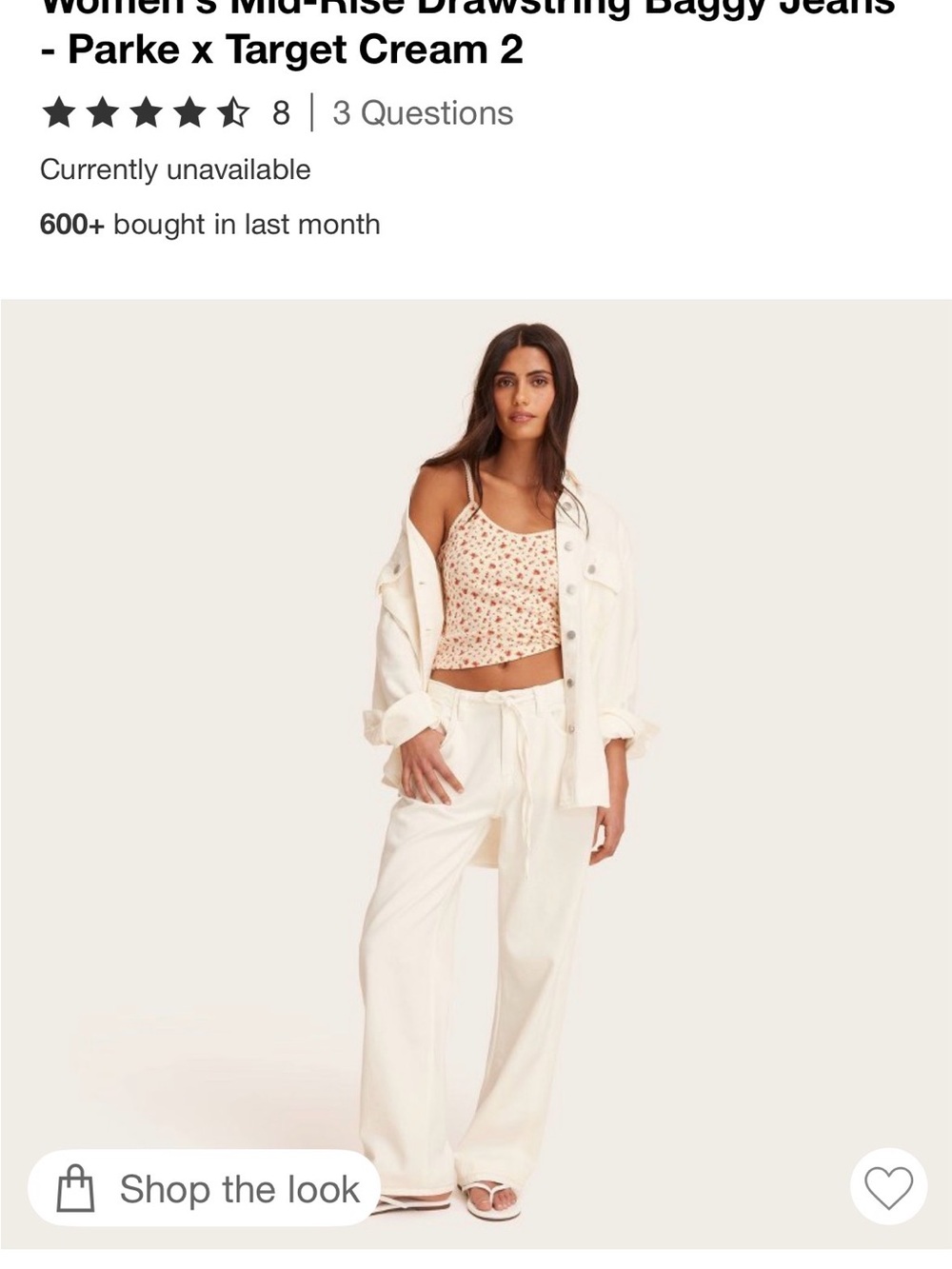 Parke Cream Wide-Leg Drawstring Jeans - size 2